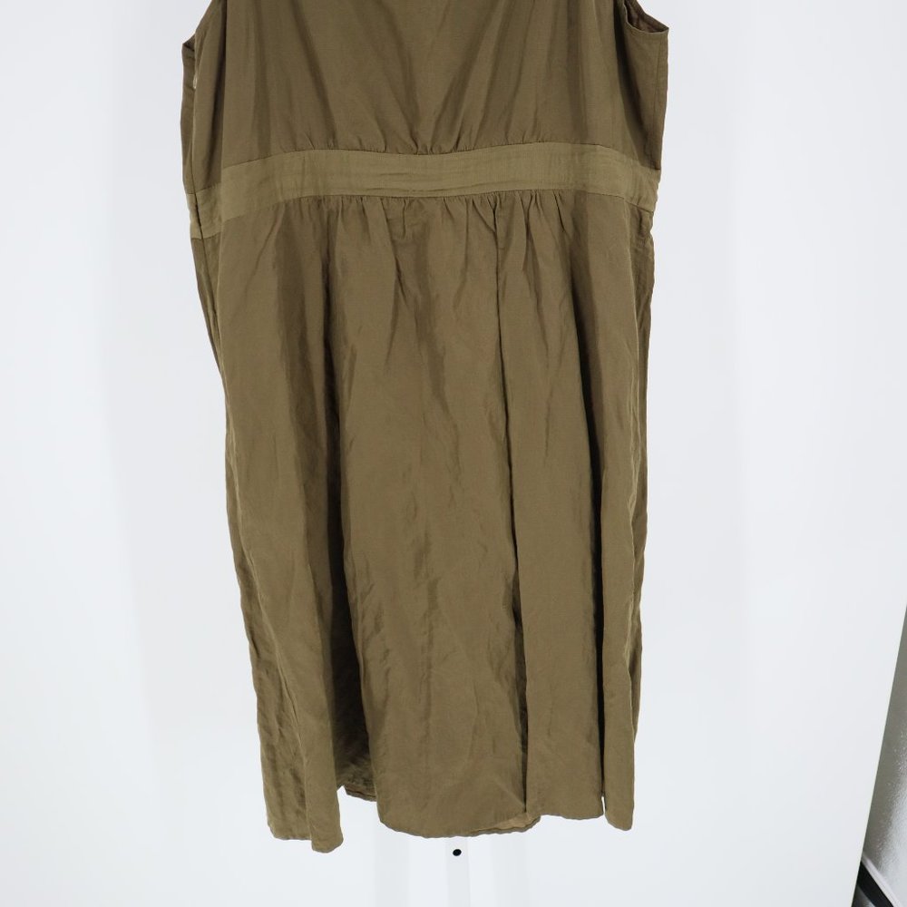 Eileen Fisher Sleeveless Satin Tie Waist V-Neck Dress Green/Brown - Picture 10 of 11